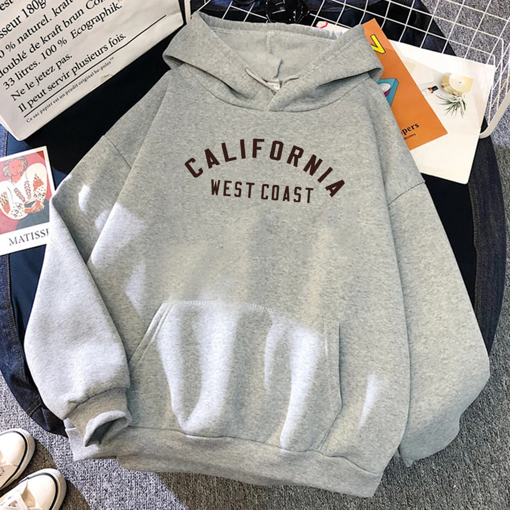 California West Coast Letter Hoodies Female Pocket Autumn Clothes Trendy Fleece Streetwear Loose Comfortable Hoodies For Woman