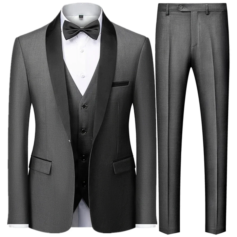 3 Pcs Suit Set Blazers Coat Vest Pants / Fashion Men Casual Business Big Black Lapel Groom Wedding Formal Dress Jacket Trousers