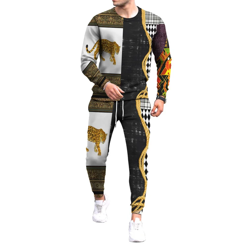 Fashion Animal Leopard Lion 3D Print Men\'s Sportswear Set Long-Sleeved T Shirt Pants 2-Piece Set Oversized Pullover Men Clothing