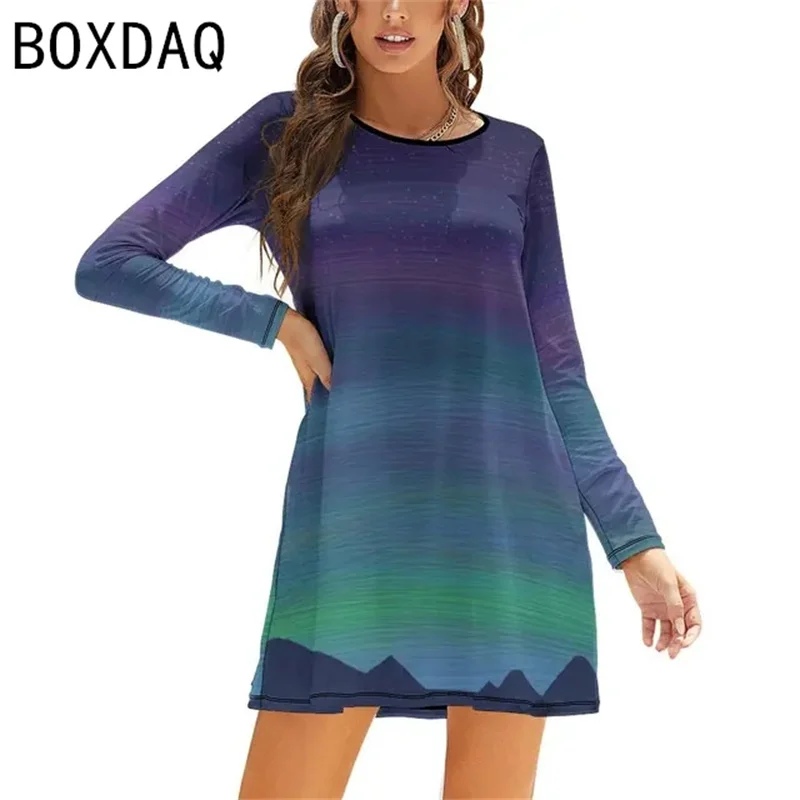 Women Long Sleeve O-Neck A-Line Dress 3D Gradient Floral Print Sweet Elegant Dress Big Size S-3XL Female Vestidos