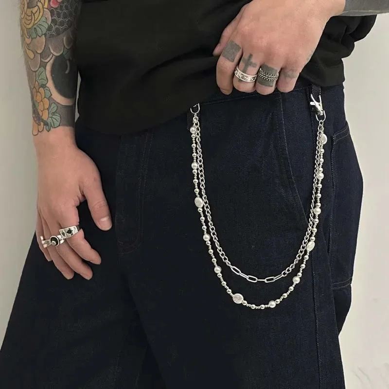 Men Style Punk Metal Pearl Bead Pants Chain for Fashion Silver Color Handmade Bead Jeans Waist Chain Jewelry Accessories