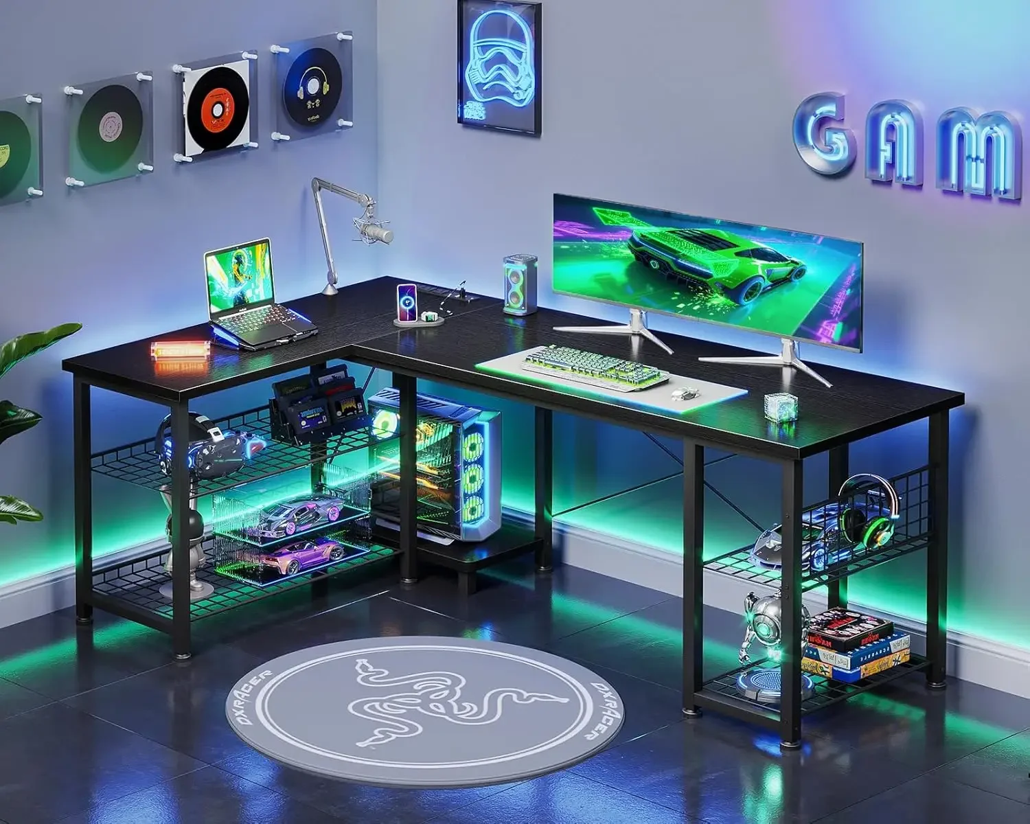 51 Inch L Shaped Gaming Desk with Shelves & Power Outlets, Reversible Computer Desk with Storage