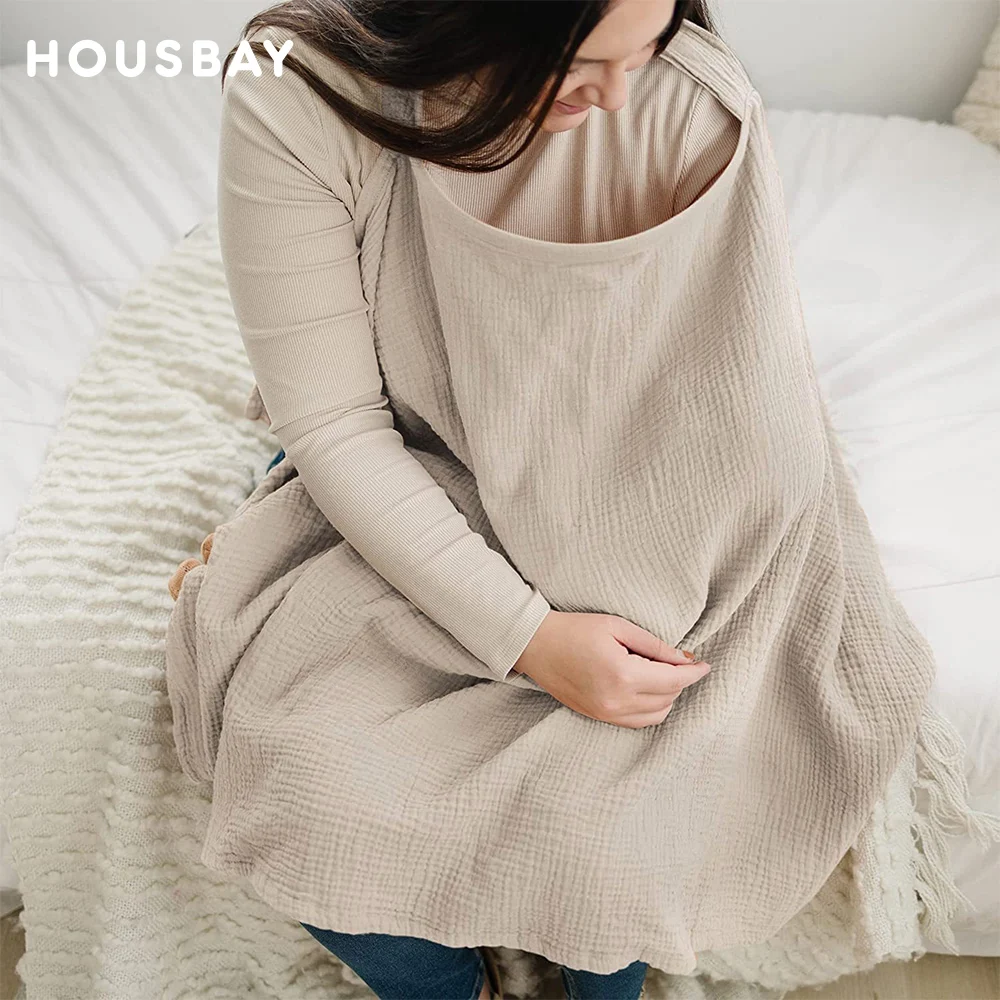 Baby Nursing Cover Mother Breastfeeding Cover Baby Breathable Cotton Gauze Nursing Cloth Feeding Cape Apron Beige 72*95Cm