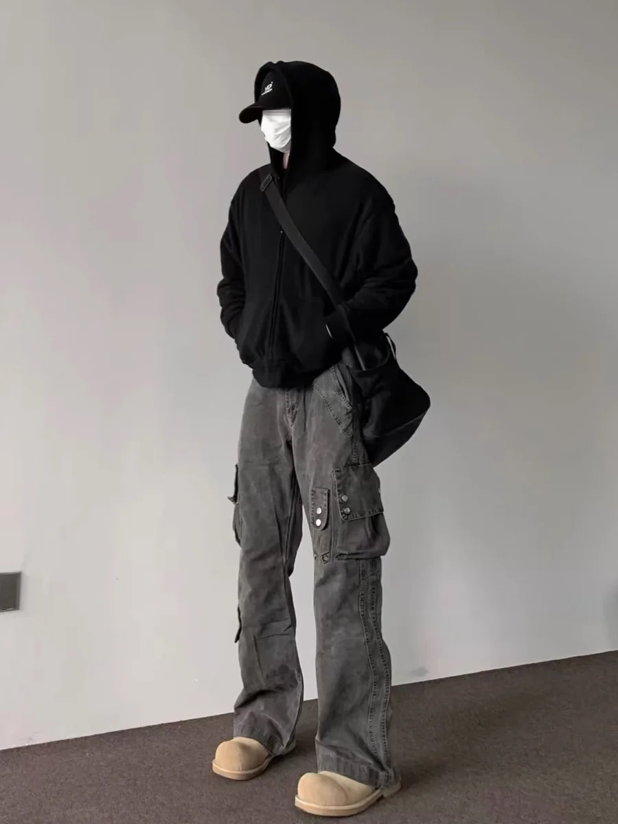 กางเกงยีนส์สไตล์อเมริกันเรโทร ดีไซน์สำหรับผู้ชาย ทรงตรงเล็กน้อยบานข้าง  ใส่สบายๆ