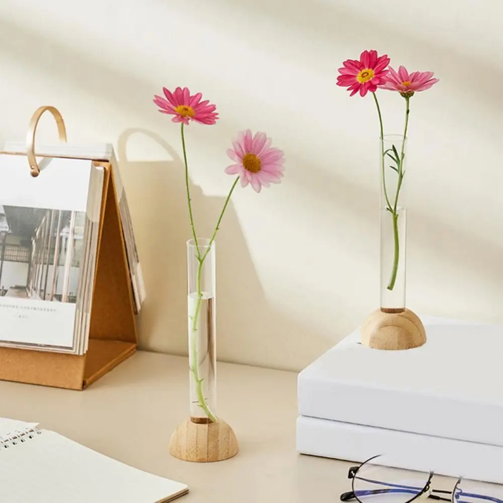 2 Pcs With Wooden Stand Bamboo Base Hydroponic Vase Shatterproof Stable Hydroponic Plants Vase Unique Clear Flower Vase Kitchen