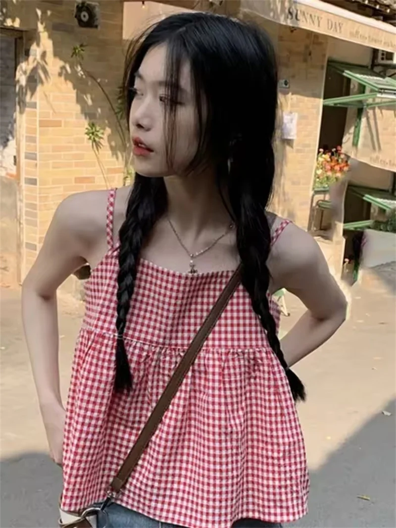 Été coréen rouge Plaid Camisole femmes dos nu Hotsweet hauts à bandes lâche collège personnalité Chic décontracté Vintage doux réservoir T