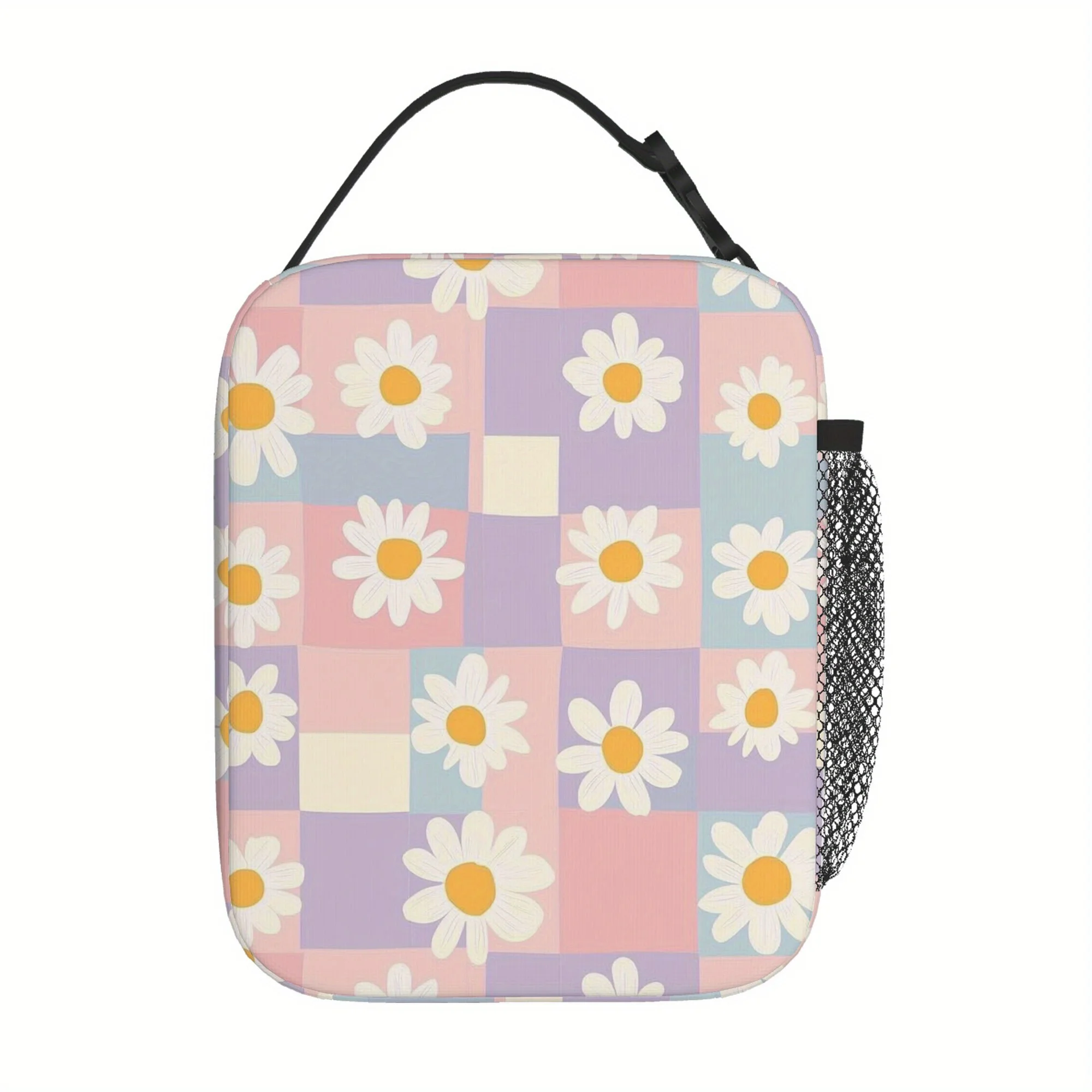 

Pastel Checkered Floral Insulated Lunch Bag - Reusable, Non-Food Contact, Ideal for Home, Office, Restaurant Use