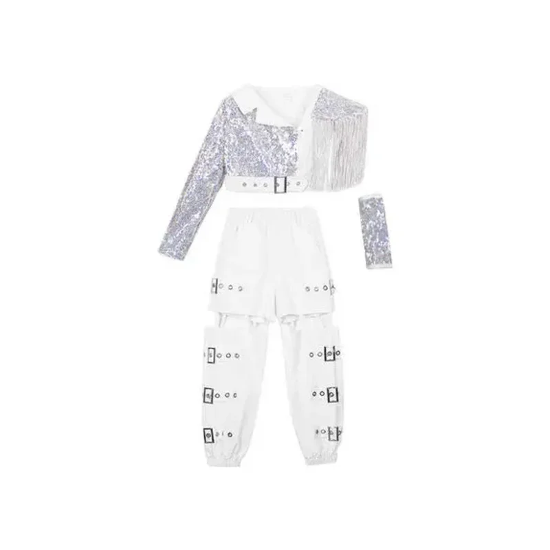 Ropa de baile de Hip-hop de calle blanca de Bear's Den, traje de pantalón para niñas, chándal, conjunto de pasarela para niños, grupo coreano Cos nuevo 2025