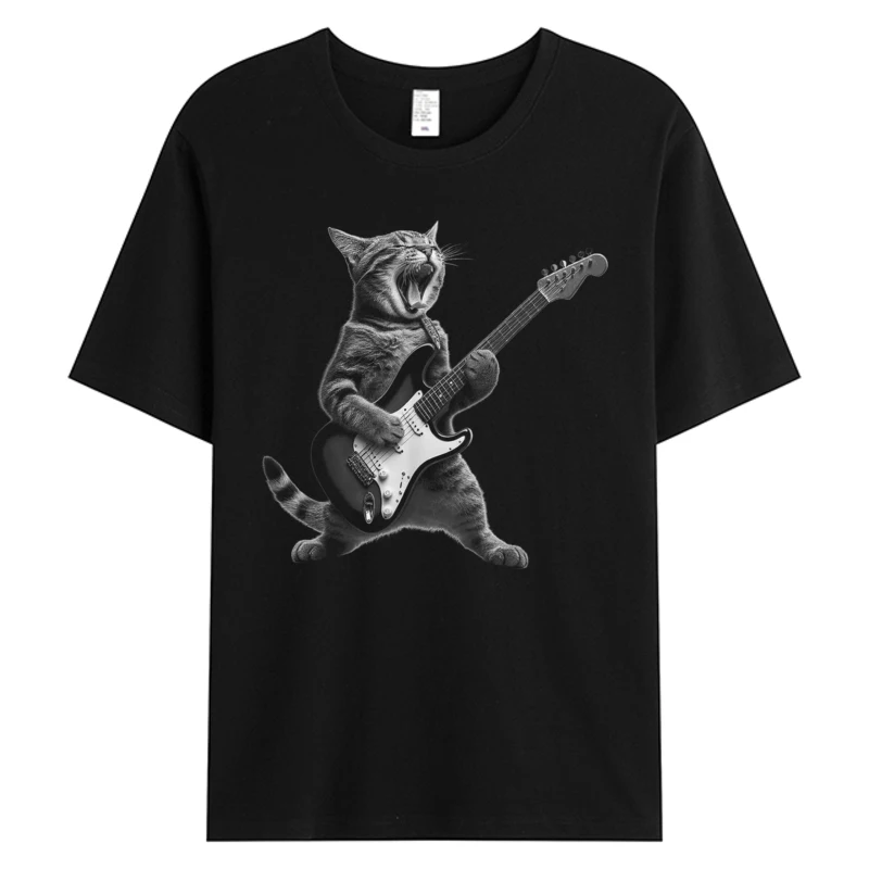 

Cat Playing Guitar Tshirt Rock Star Rock And Roll Street Wear For Men Women Mens 100% Cotton Tees Graphic T-Shirt Blue