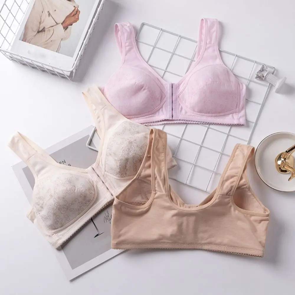 Breathable Thin Front Button Bra Convenient Plus Size Elderly Bra No Chest Pad Widen Straps Flower Underwear Women