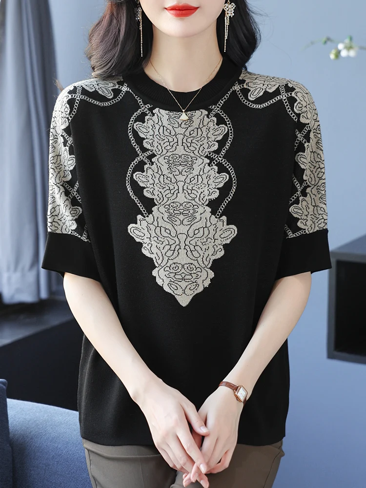 

Print Short Sleeve Sweater Woman 2024 Spring Korean Fashion Pullover Femme Womens Clothing Top Sweaters