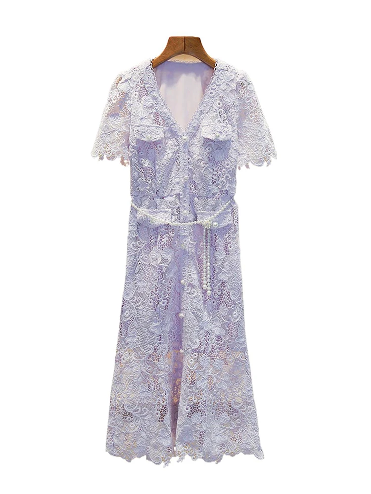 

High Waist A-Line Dr Pearl Waist Chain V-Ne Slim Fit Lace Fi Tail Dr Ele Commute Sle Summer Long Skirt