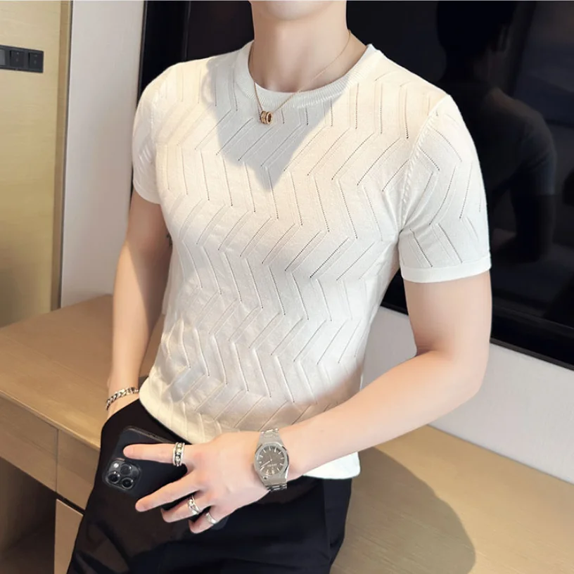 2023 New Men Short Sleeve Breathable Leisure O-neck Slim Fit T-shirts Male Fashion Ice Silk Knitted Tops Size Shirt S-3XL