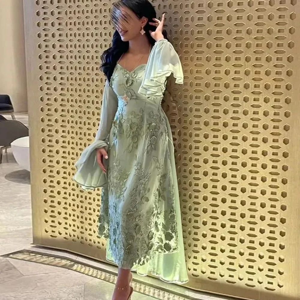 women Green Exquisite Straight Evening Dress V Neck flare sleeve chiffon Ankle Length Appliques Off the Shoulder Saudi Arabia