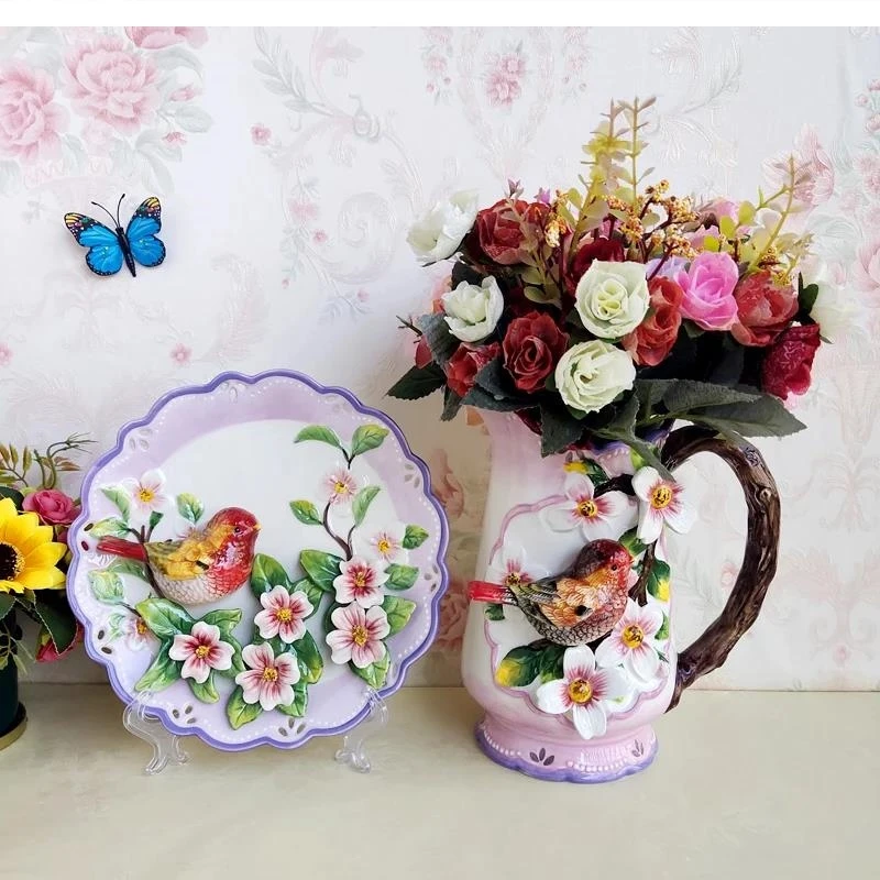 European pastoral style red bird ceramic vase 3d decorative plate Living room coffee table TV cabinet home decoration