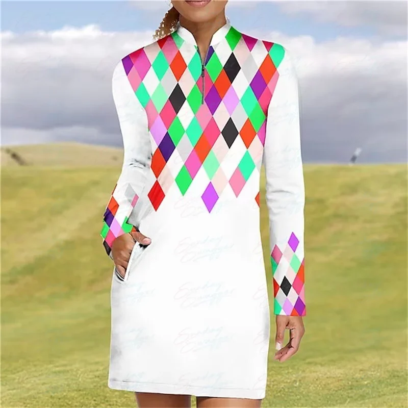 Checkered Print Autumn Golf Women's Casual Long Sleeve Dress Fitness Comfortable Long Sleeve Dress Outdoor Sports Short Dress