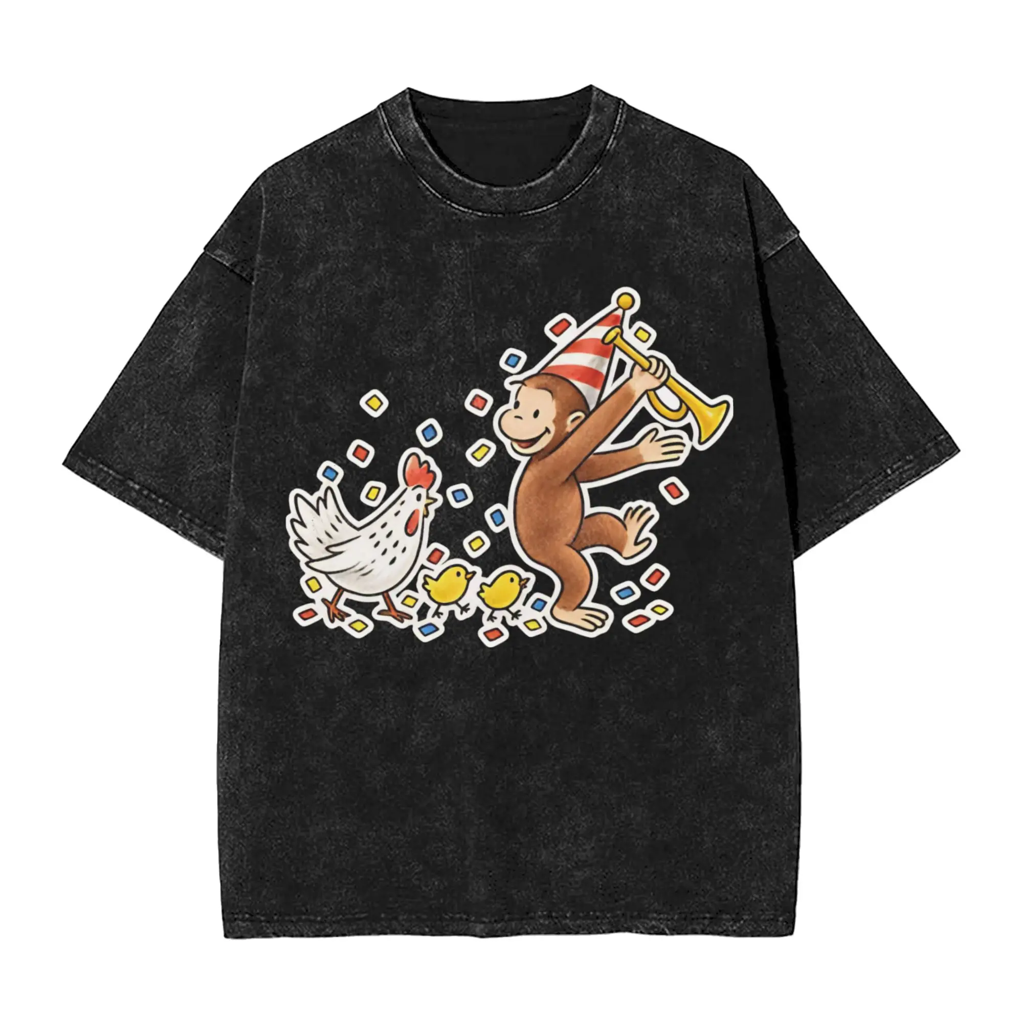 Party monkey Curious George Outfit Washed T Shirt Men Women Streetwear Hip Hop T-Shirt Printed  Tees Tops Short Sleeve