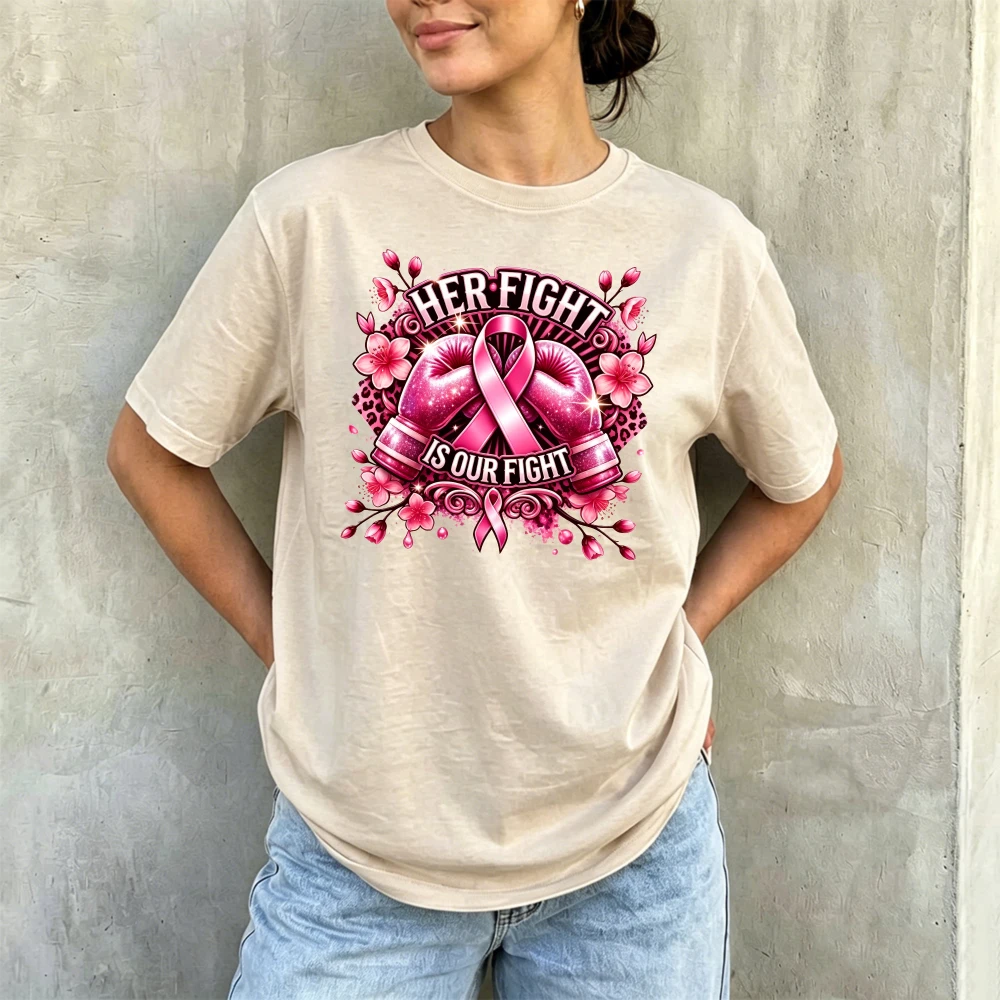 Her Fight Is Our Fight Pink Boxing Ribbon Cherry Blossom Damen Sommer-T-Shirt aus Baumwolle mit Grafik zur Unterstützung der Brustkrebsforschung für den Alltag