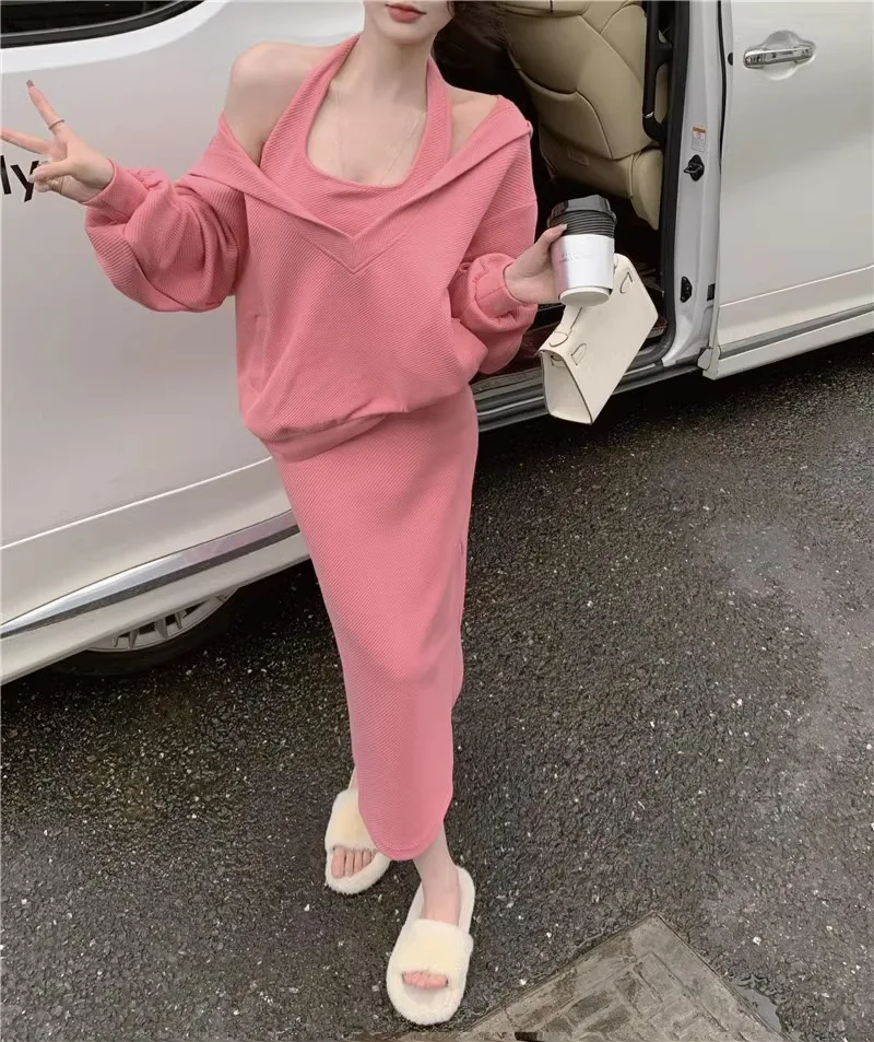 

Women Dress 2 Piece Sets Hoodie Top Straight Dresses Split Vestidos Suit Ensemble Hooded Sweatshirt Outfits Office Lady Autumn