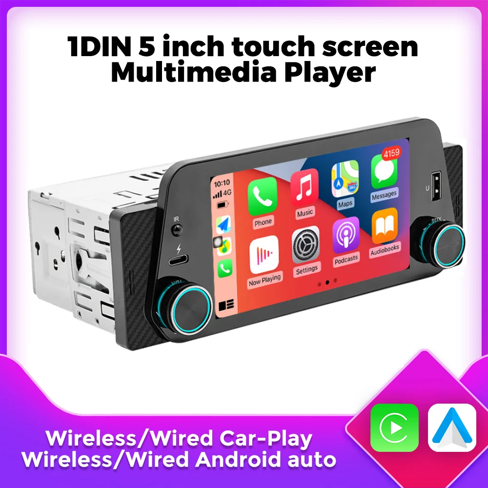 1Din راديو السيارة ستيريو Carplay أندرويد السيارات عرض الملاحة Mirrorlink MP5 شاشة تعمل باللمس مشغل وسائط متعددة AUX إخراج الصوت BT