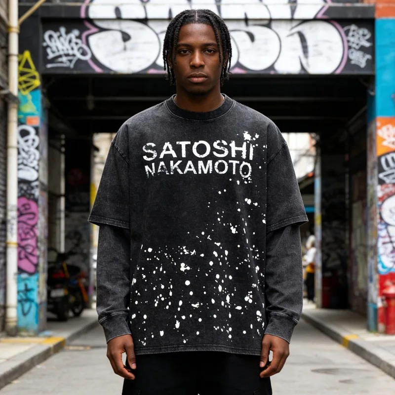 Satoshi Nakamoto Retro Splatter Letter Fake Two-Piece Long-Sleeve Insulated Shirt T-Shirt