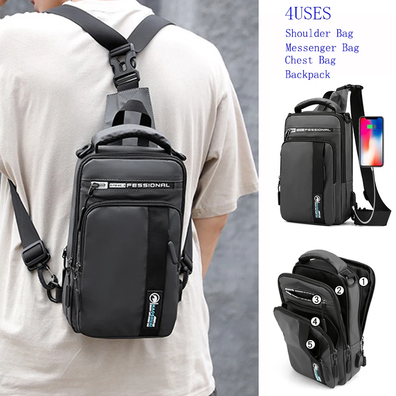 

Men Small Backpack Chest Pack Shoulder Bag with USB Charging Port Travel Male Waterproof Nylon Sling Messenger Cross body Bags