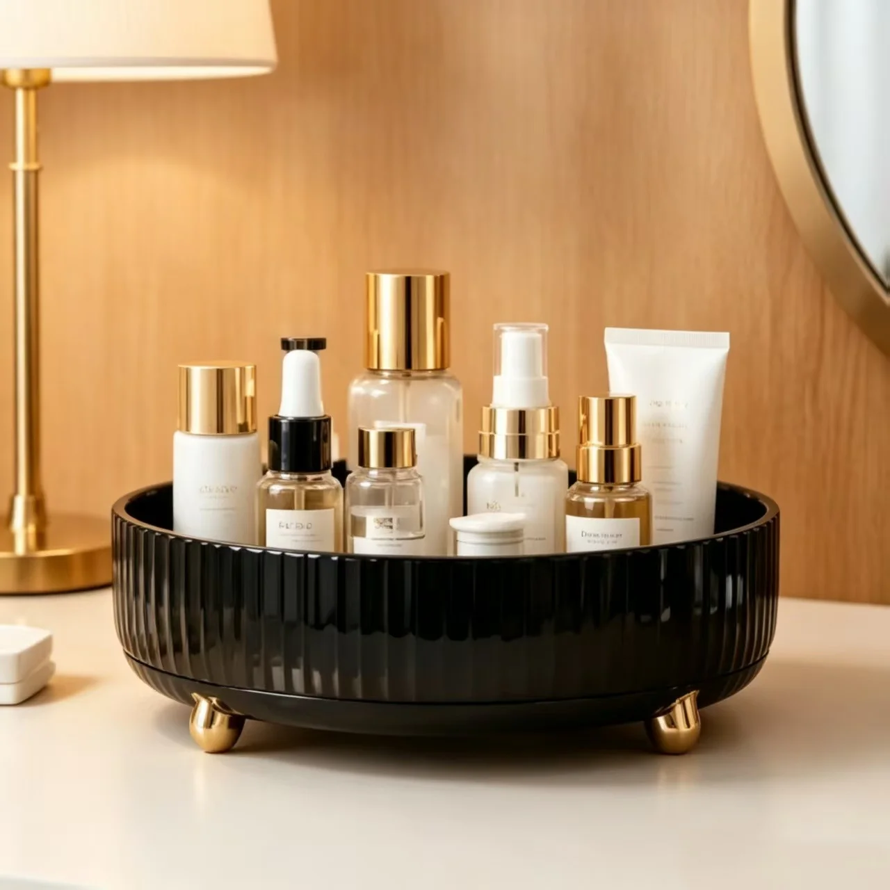 Rotatable Black Multifunctional Storage Box – 360-Degree, Large-Capacity, Minimalist Bathroom Countertop Organizer, Washable and Easy-to-clean Kitchen Storage Box .Gift Choice for Cleanliness Lover