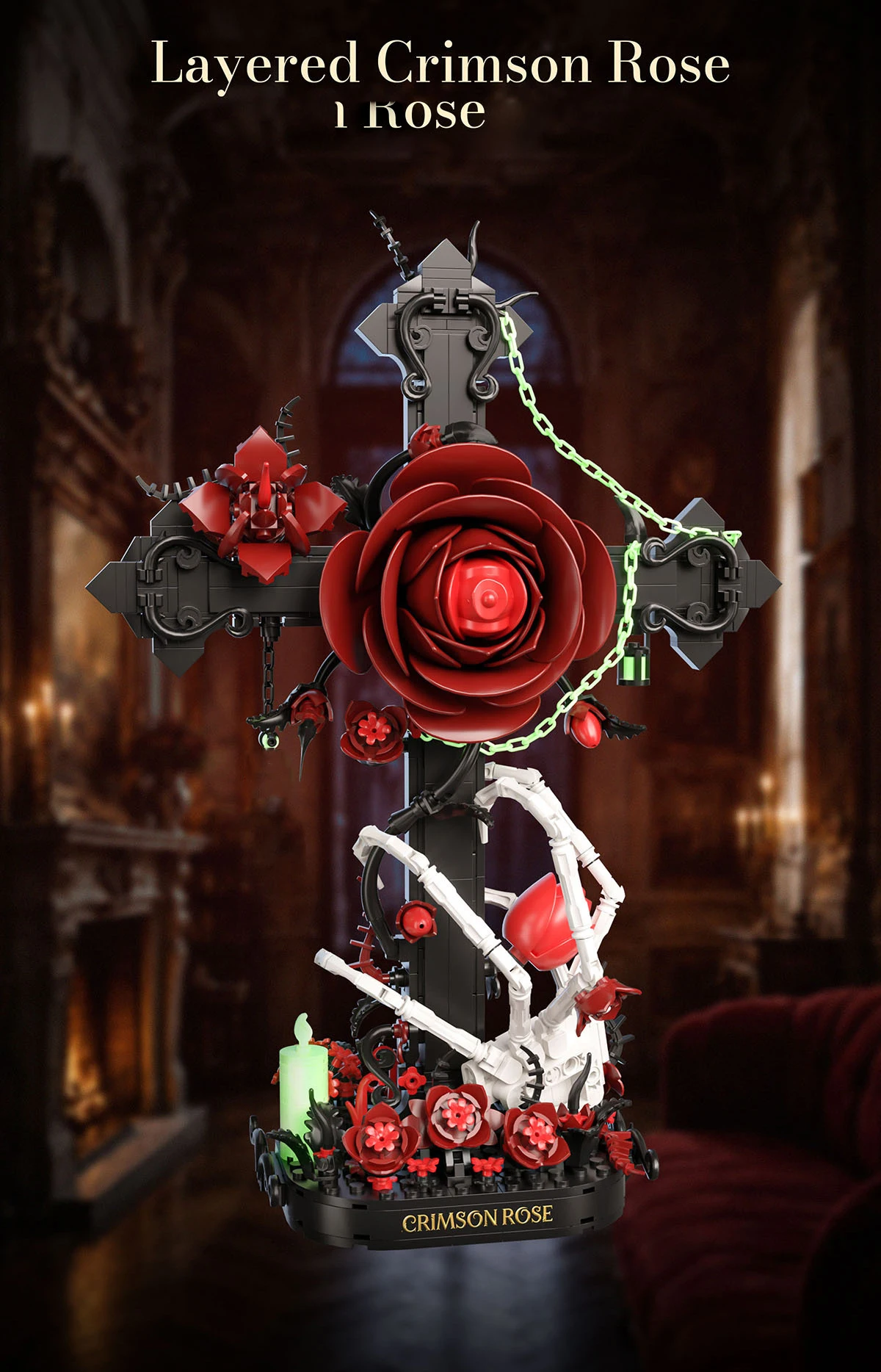 Idea Leuchtender Baustein Kreuz-Totenkopf Rote Rose Spielzeug Blume Skeletthand Konstruktions-Baustein-Modell Sammlerstück Schreibtischdekoration – Detail 7