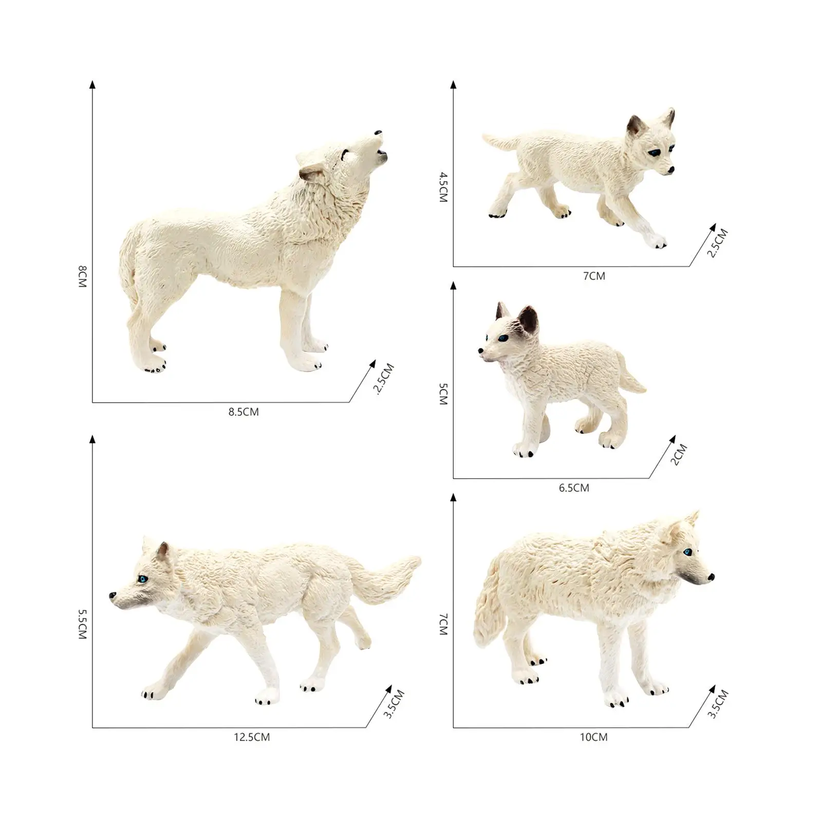 Figuras de juguete de lobo de 5 piezas, modelo de juego de lobo blanco para decoración de escritorio