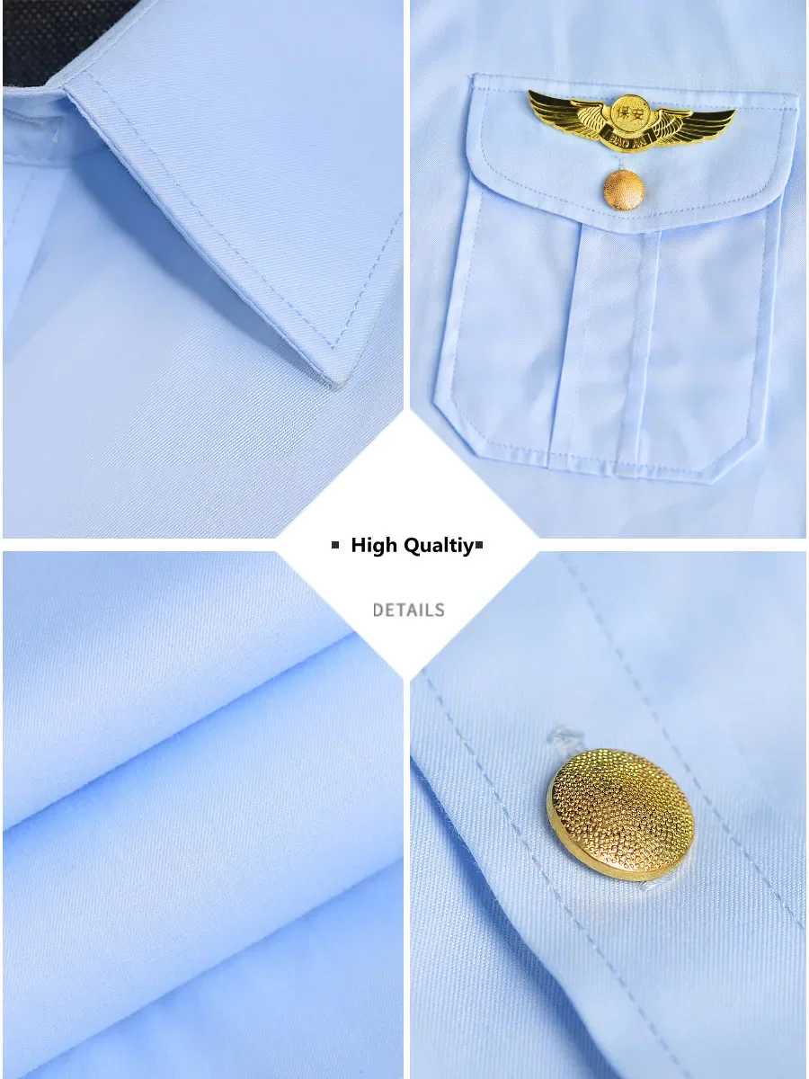 زي أمان صيفي عالي الجودة للرجال، قمصان احترافية بأكمام قصيرة لخطوط الطيران باللون الأزرق الفاتح