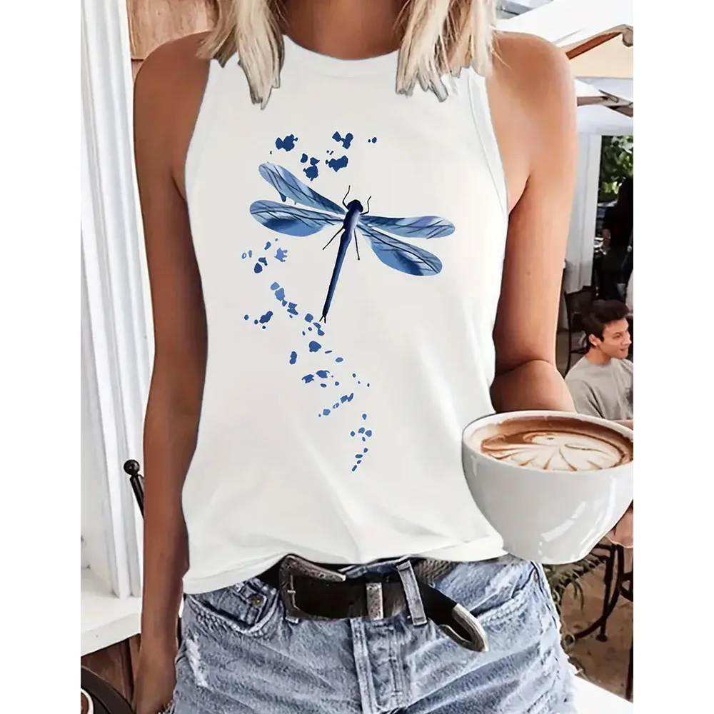 Dragonfly Printed White T-shirts For Women Clothing Comfortable Tank Tops Commute Breathable Blouse Sleeveless Basic Tees Summer