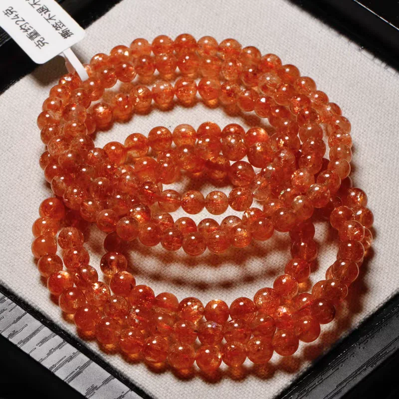 Natural Orange Strawberry Quartz 3 Laps Sunstone Bracelet Orange 6.5mm Arusha Clear Round Beads Crystal Women Men AAAAAA
