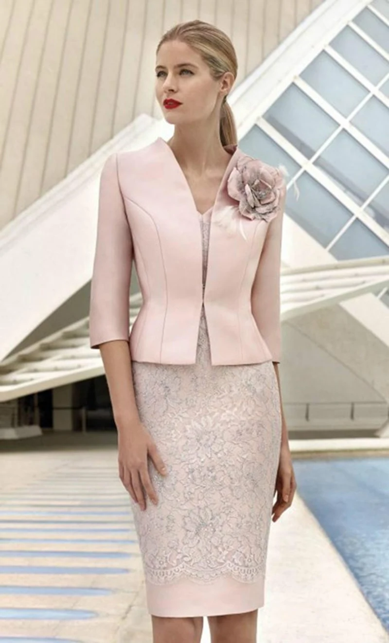 2020 Mother Of The Bride Dresses With Jacket Sheath Lace Flowers Plus Size Short Mother Dresses For Wedding Knee Length