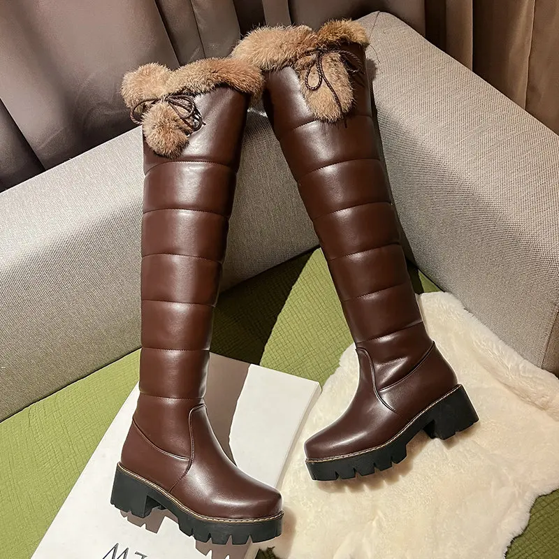 Waterproof Cold Winter Russia Female Warm Shoes Platform Chunky Heels Plush Over-the-knee Snow Boots With Real Rabbit Fur Pom