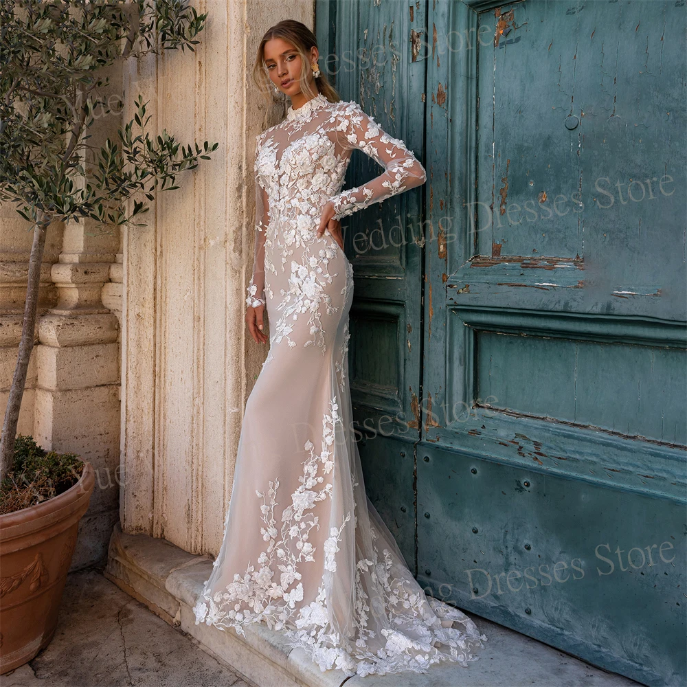 Vestidos De novia De sirena encantadores para mujer, vestidos De novia De encaje con apliques exquisitos, Vestido De Novias personalizado De manga larga generoso