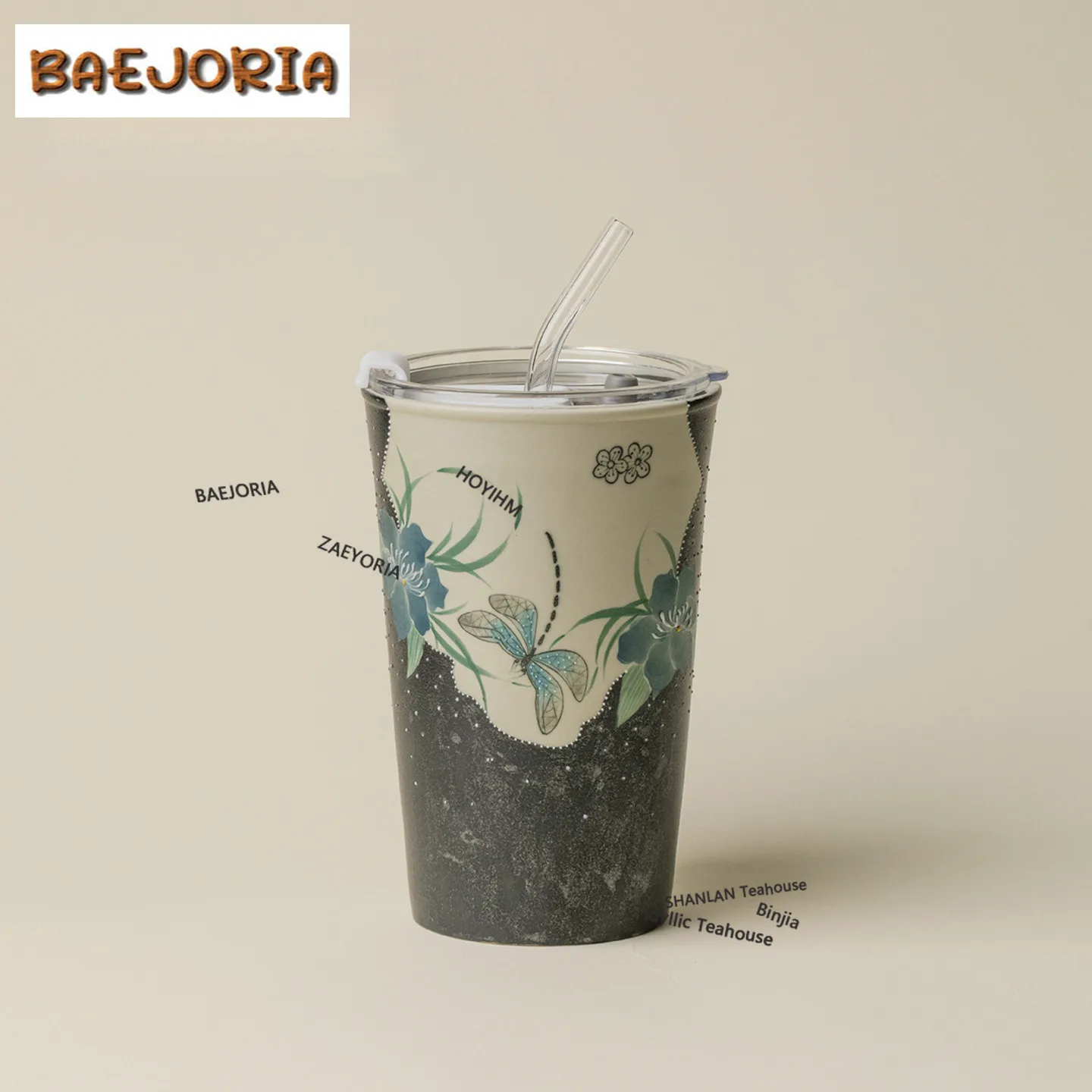 BAEJORIA 700ml Ink Porcelain Hand Painted Dragonfly Cola Mug Bubble Teacup Cold Hot Water Jug Hand Warmer Drinkware Ornaments