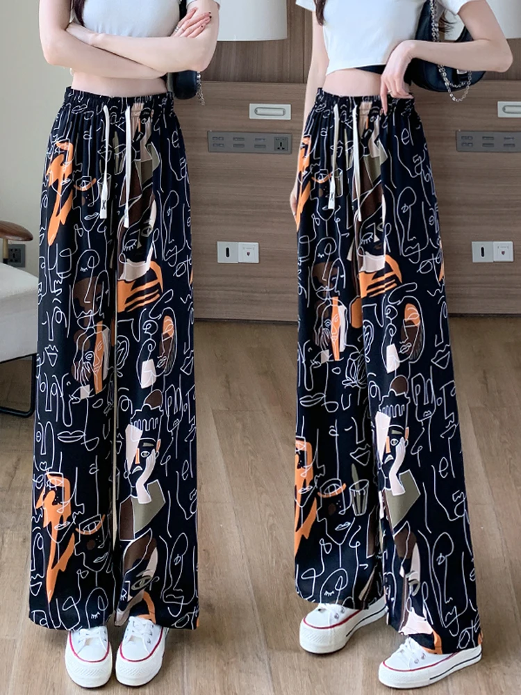 

Ice Silk Chiffon Floral Wide Leg Pants Women's Summer Thin Drapey Cool Air Conditioning Trousers Trendy High Waist Commute Style