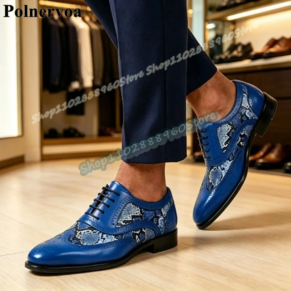 Runway Blue Python Skin Patchwork Cross Tied Men Pumps Trendy Flats Party Shoes For Men Slip On Catwalk 2026 Fashion Men Shoes