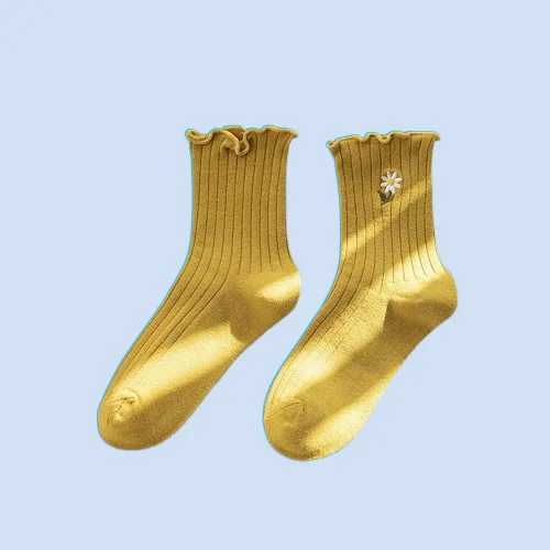 Calcetines de encaje de algodón para mujer, medias apiladas con bordado de flores pequeñas, borde de oreja de madera, a la moda, novedad de primavera, 5/10 pares