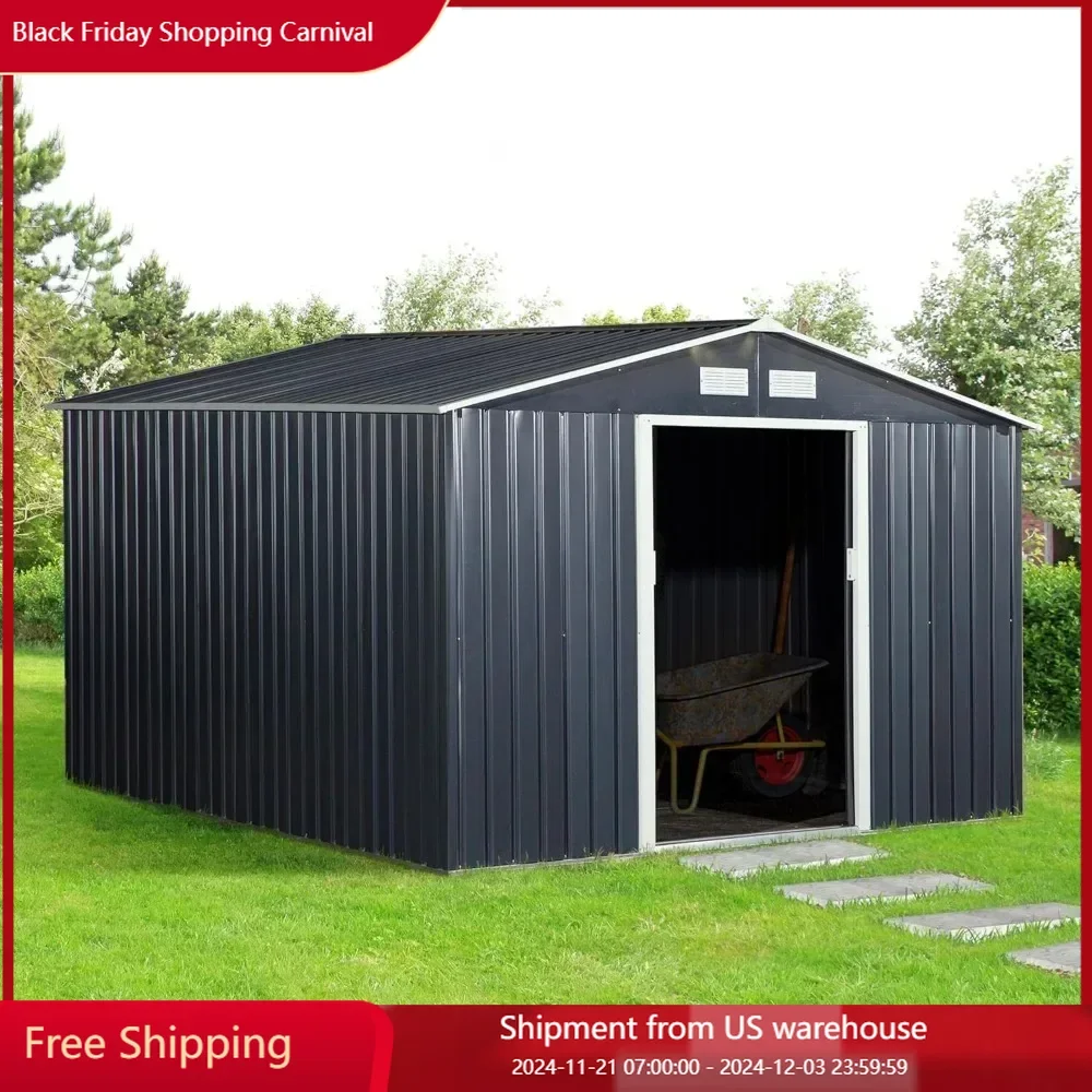 11'x 9'Outdoor Storage Shed with Foundation Kit 4 Vents and 2 Easy Sliding Doors for Backyard Sloped Roof Shed Garden Tool House