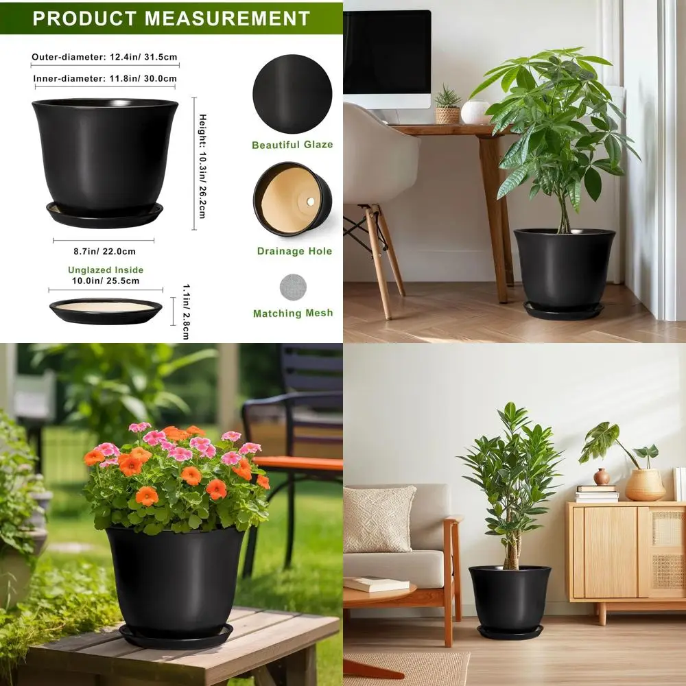 

12 Inch Round Black Plant Pot with Drainage for Indoor & Outdoor Plants, Large Modern Planter with Saucer, Garden Home Decor Gif