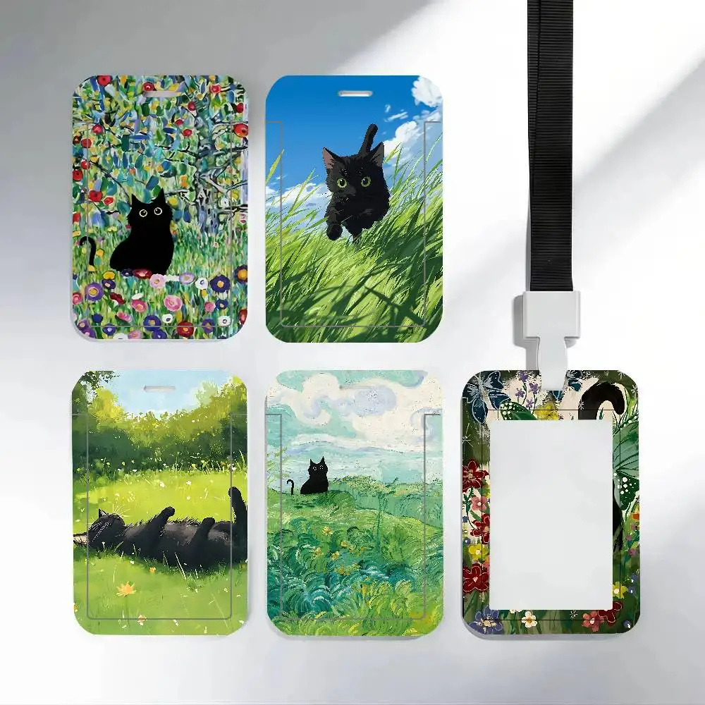 Abstract Green Plants Black Cat ID Badge Holder With Lanyard Neck Strap For Office School Name Card Credentials Case