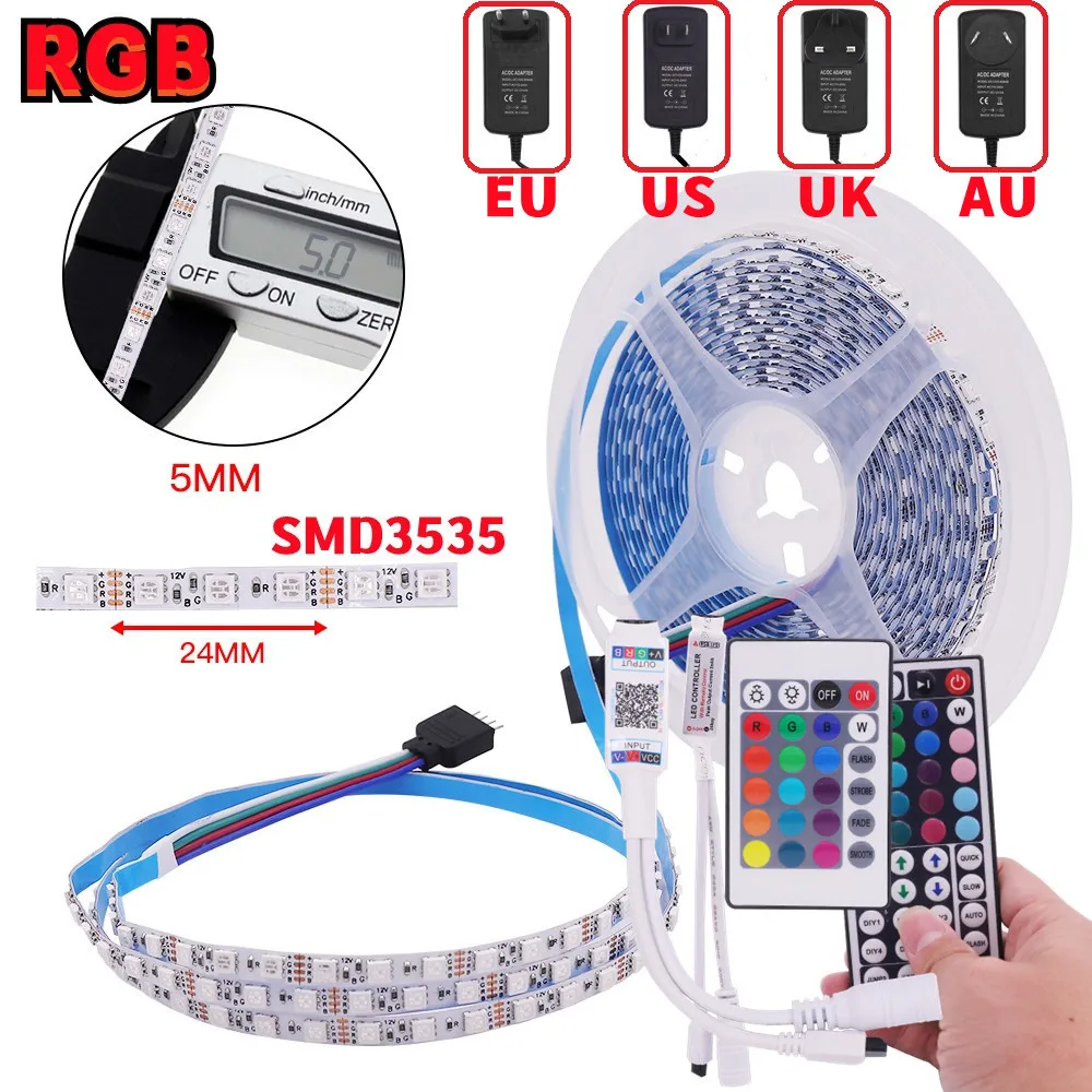 

Flexible LED Strip 5MM Width PCB Tape Rope 3535 RGB DC12V 120LEDs/m Ribbon Lighting 5M Kit EU US UK AU 3000K-6500K