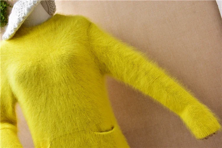 หญิงผู้หญิงฤดูใบไม้ร่วงฤดูหนาวเสื้อผ้าHairy Mink CashmereถักO-คอSlimเสื้อPullover Angoraขนสัตว์จัมเปอร์เสื้อกันหนาวดึงเสื้อ