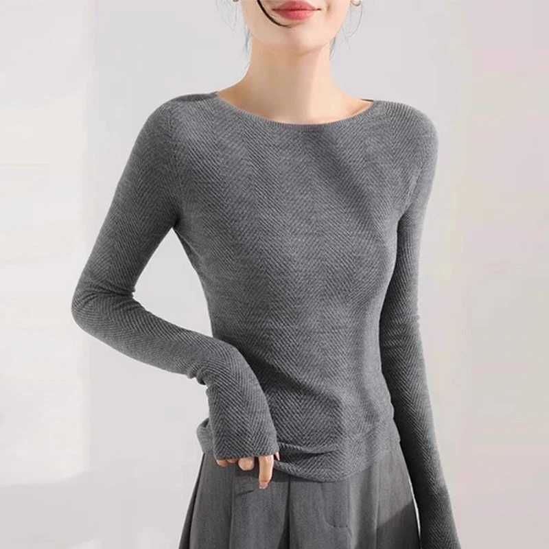

Spring/Autumn Women's 100% Spun Wool Sweater Casual Knitted Bottom Pullover Slim One Piece Neck Tops Pull worsted wool Blouse