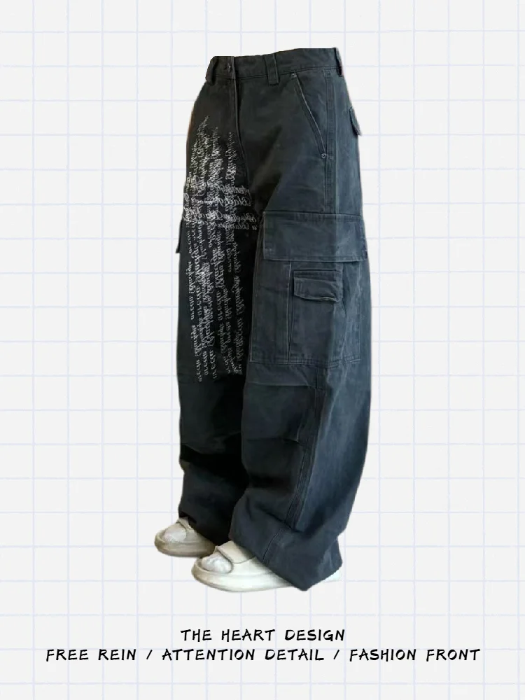 

American Retro Workwear Denim Pants Women's Loose Wide Leg Long Trousers Multi-ket Letter Print Design High Waist Jeans