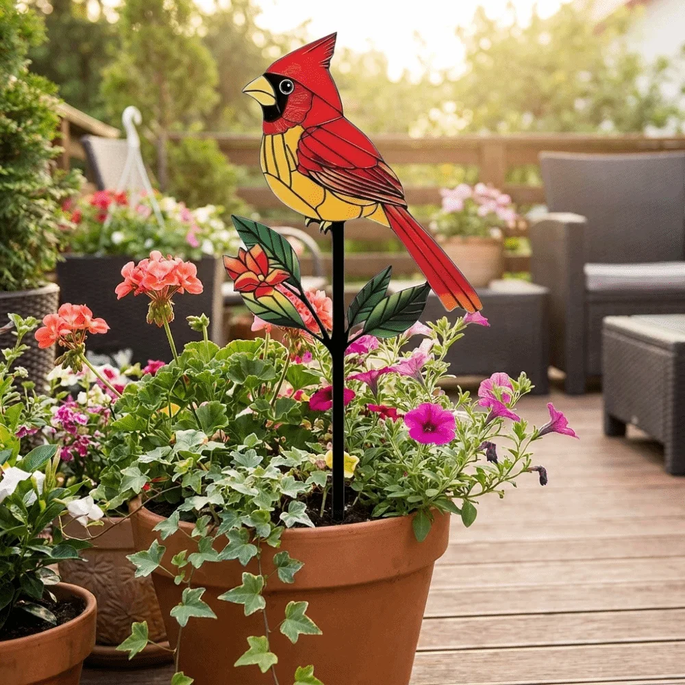2D Flat Red Bird Garden Stake Handmade Iron Flower Branch Ground Plug Funny Animals Pattern Metal Garden Stake Yard Ornament