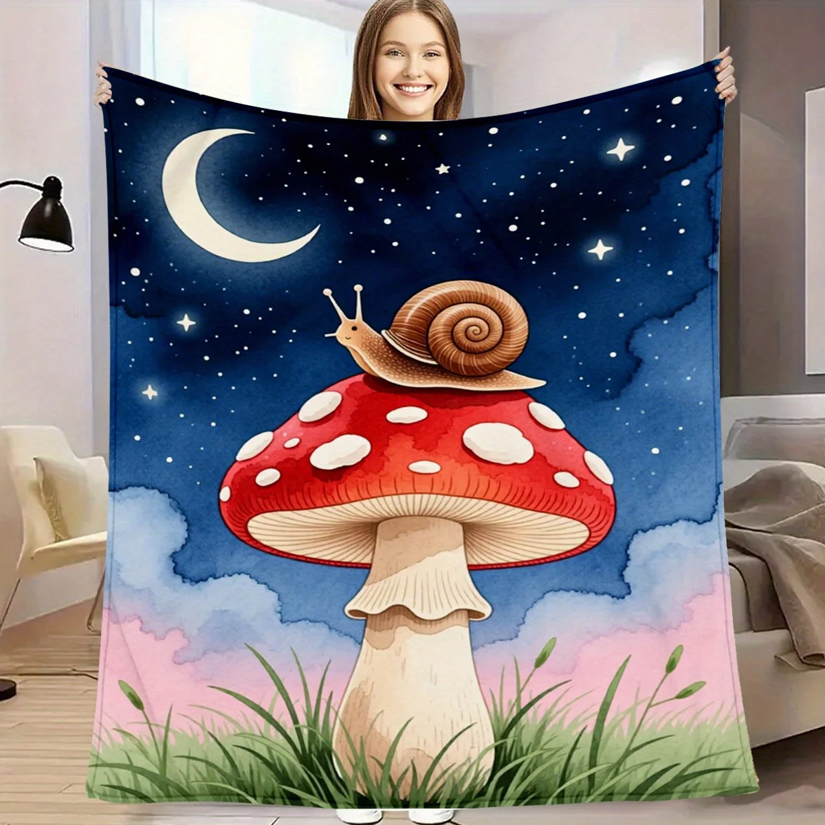 Whimsical Mushroom And Snail Blanket Starry Moon Night Design Soft Plush Throw Fantasy Art Home Decoration Gift Idea 60x80