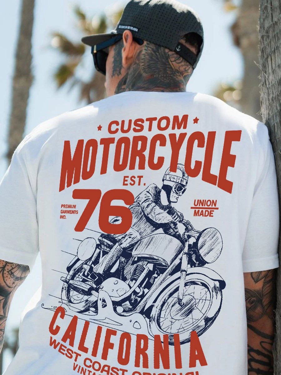 2026 Summer Heavy Retro Cotton Chunky Motorcycle Printed Loose Short Sleeve T-shirt Men's Motorcycle American Tide Brand