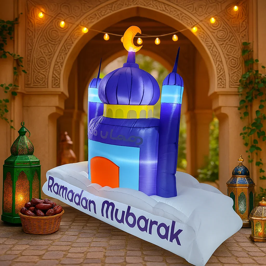7FT Inflatable Toys Eid Mubarak Purple Dome Inflatable Mosque Decor LED Light Crescent Islamic Ramadan Inflatable For Yard
